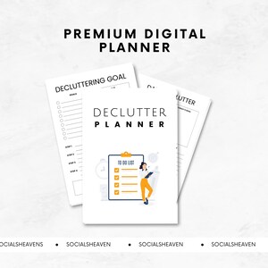May include: A printable digital planner with a white background and black text. The planner is titled "Declutter Planner" and features a cartoon illustration of a person holding a clipboard with a to-do list. The planner includes sections for decluttering goals, a to-do list, and steps to declutter.