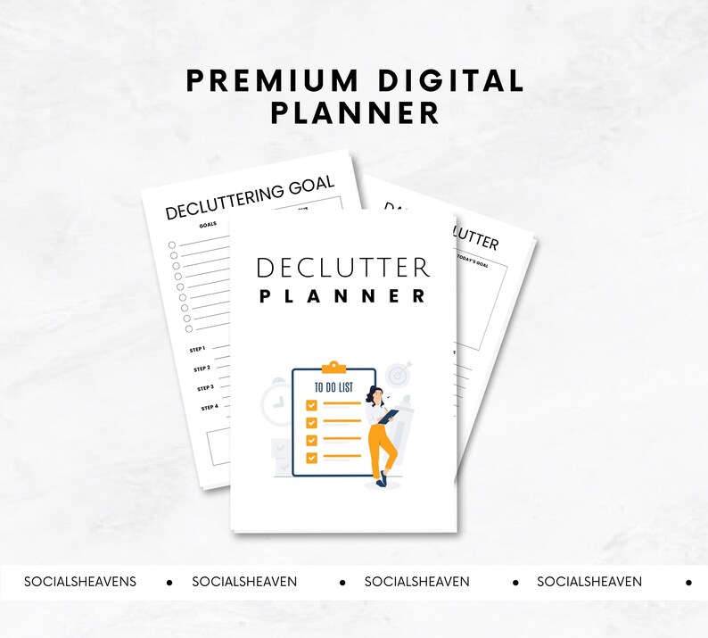 May include: A printable digital planner with a white background and black text. The planner is titled "Declutter Planner" and features a cartoon illustration of a person holding a clipboard with a to-do list. The planner includes sections for decluttering goals, a to-do list, and steps to declutter.