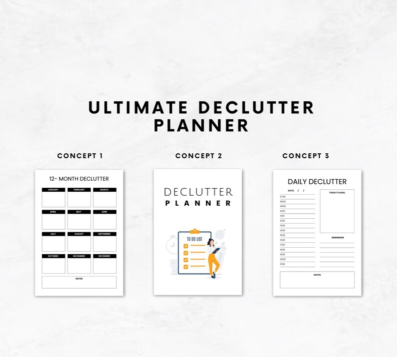 May include: Three printable planner pages with different concepts for decluttering. The first page is a 12-month calendar, the second page has a to-do list and a cartoon illustration of a woman, and the third page is a daily decluttering planner.