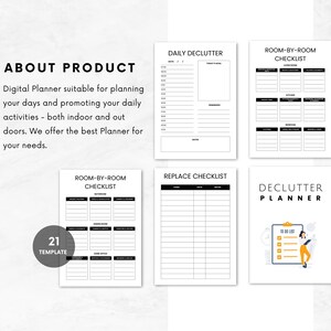 May include: A digital planner with 21 templates for decluttering. The planner includes a daily declutter checklist, a room-by-room checklist, a replace checklist, and a to-do list. The planner is black and white with a yellow accent.