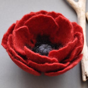 Handmade Felt Merino Wool Red Poppy Brooch, 3 Inch Floral Accessory