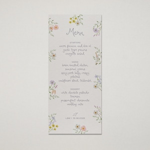 Hochzeit Menü Vorlage | Handgeschriebene Menükarte bemalt mit zierlichen Aquarell Wildblumen, maßgeschneidertes Boho Menü bearbeitbarer Download, 002 Secret Garden