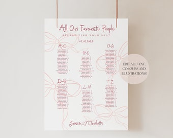 Seating Chart Template Alphabetical | Handwritten & Hand Drawn, Easy Edit All Colors, Table Plan Sign Wedding, Modern Bow Theme, 003 Be Mine