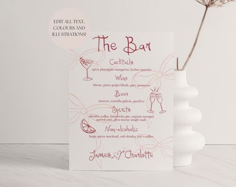 Bar Schild Hochzeit | Handschriftliche und handgezeichnete Illustrationen, Retro Bow Hochzeit, Brautdusche Getränke Menükarte bearbeitbar, 003 Be Mine