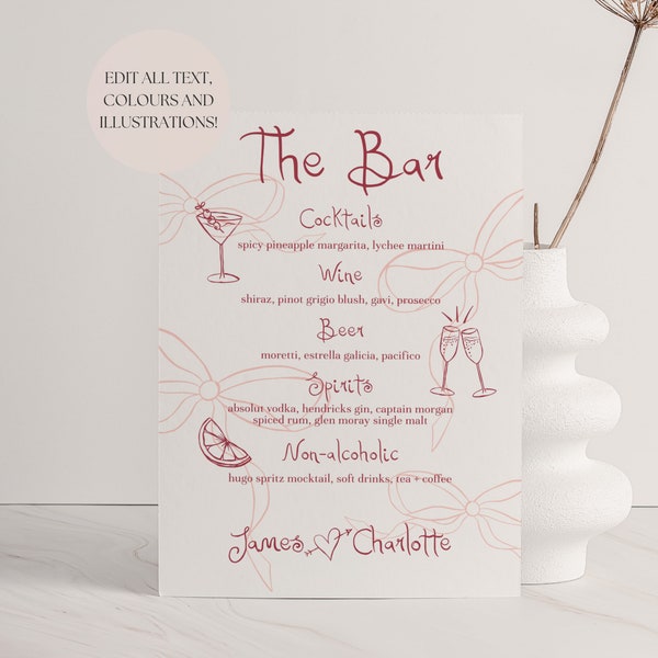 Bar Sign Template Wedding | Handwritten & Hand Drawn Illustrations, Retro Bow Wedding, Bridal Shower Drinks Menu Card Editable, 003 Be Mine