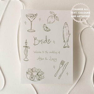 Plantilla de menú de boda personalizada Tarjeta de presentación dibujada a mano de doble cara / Caligrafía moderna manuscrita, diseño de menú ilustrado 001 Originals