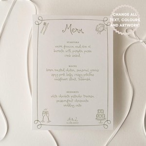 Hochzeit Menü Vorlage | Handgeschriebene und handgezeichnete Illustrationen, maßgeschneidertes, farbenfrohes und trendiges Vintage-Speisekarte-Design, 001 Originale