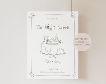 Rehearsal Dinner Welcome Sign Template | Hand Drawn Illustrations Night Before Wedding Welcome Sign, Handwritten Colorful, 001 Originals