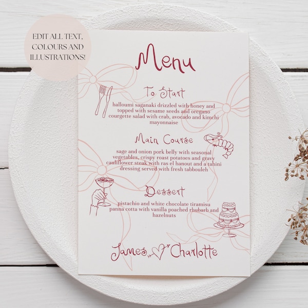 Wedding Menu Template | Handwritten Script Hand Drawn Bow Details, Coquette Menu Editable Download, Bridal Shower Menu Pink, 003 Be Mine