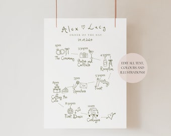 Wedding Timeline Template | Handwritten & Hand Drawn Doodle Illustrations, Bespoke Editable Order of Events Wedding Sign, Originals 001
