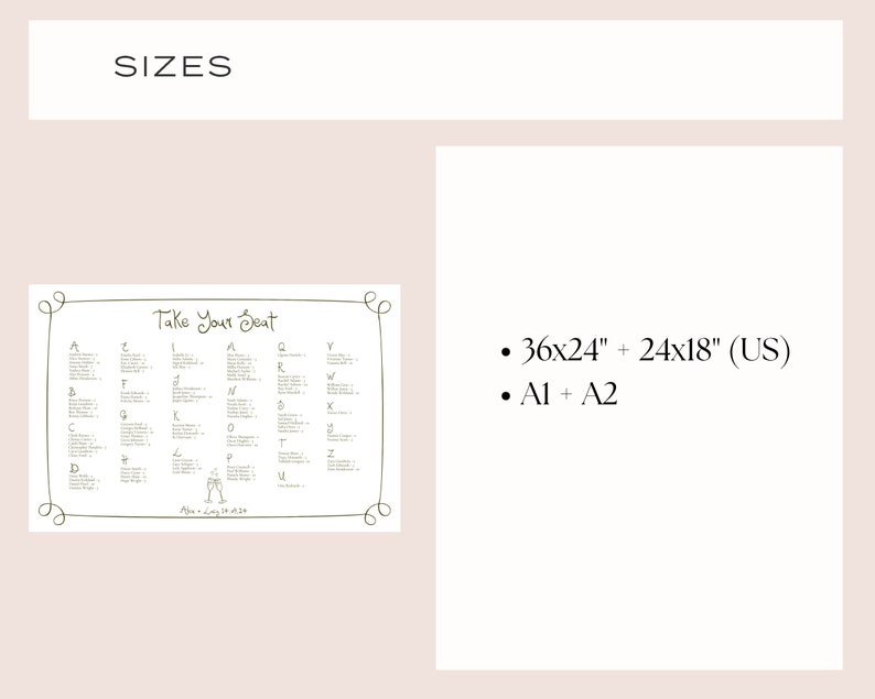 Wedding Seating Chart Alphabetical Template Handwritten & Hand Drawn Illustrations, Bespoke Editable Table Plan Sign, 001 Originals image 4