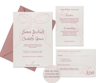 Wedding Invitation Suite Template | Illustrated Wedding Invite Editable Download, Handwritten Script Font, Retro Bow Doodles, 003 Be Mine