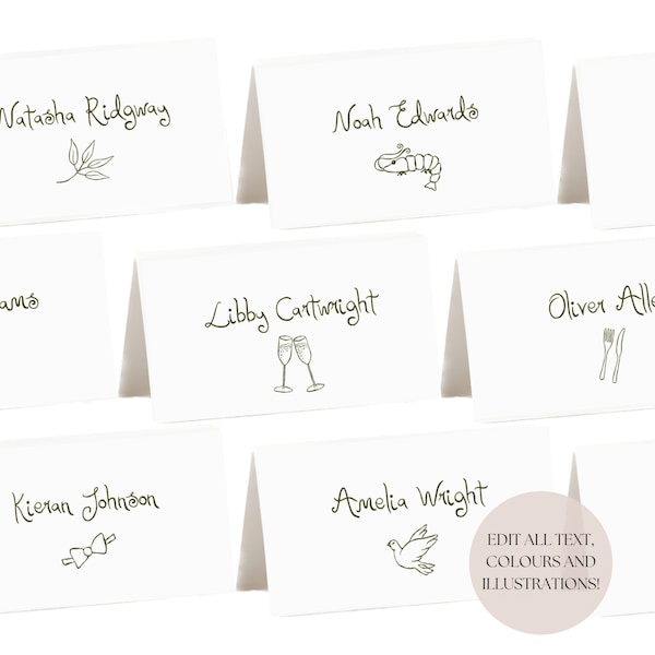 Place Cards Template | Handwritten & Hand Drawn Doodle Illustrations, Fun Colorful Trendy Editable Download, Party Wedding, Originals 001