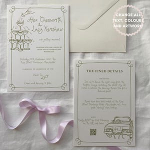 Hochzeitseinladung Vorlage Doppelseitig | Handgezeichnete Illustrationen & handgeschriebene moderne Kalligraphie, skurrile Einladung, 001 Originale