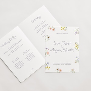 Plantilla de programa de boda / Orden de servicio escrita a mano, flores silvestres pintadas, descarga editable, orden floral de eventos, 002 Secret Garden