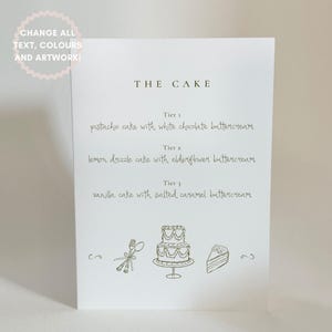 Hochzeitstorte Menü Vorlage | Handgeschriebene und handgezeichnete Doodle-Illustrationen, Kuchenaromen bearbeitbares Hochzeitsschild, 001 Originale