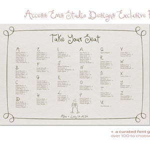 Wedding Seating Chart Alphabetical Template Handwritten & Hand Drawn Illustrations, Bespoke Editable Table Plan Sign, 001 Originals image 2