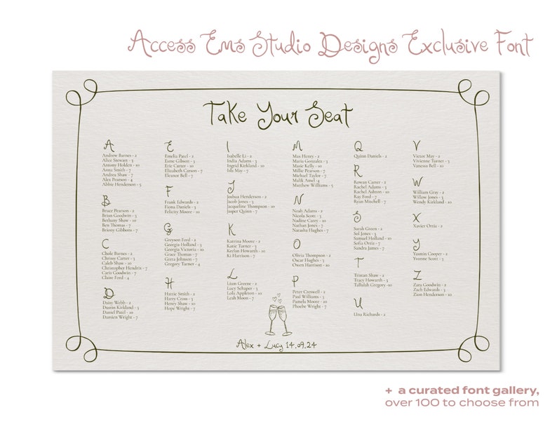 Wedding Seating Chart Alphabetical Template Handwritten & Hand Drawn Illustrations, Bespoke Editable Table Plan Sign, 001 Originals image 2