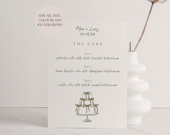 Wedding Cake Menu Template | Handwritten & Hand Drawn Doodle Illustrations, Cake Flavours Editable Wedding Sign, 001 Originals