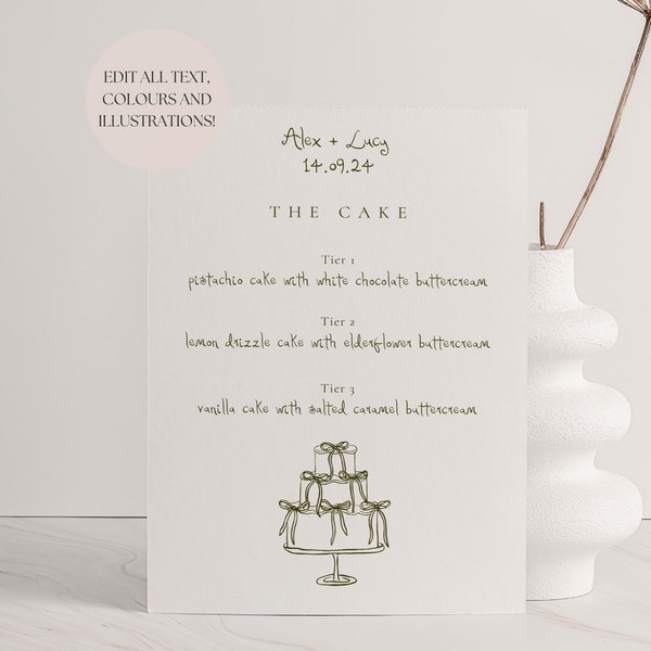 Wedding Cake Menu Template | Handwritten & Hand Drawn Doodle Illustrations, Cake Flavours Editable Wedding Sign, 001 Originals