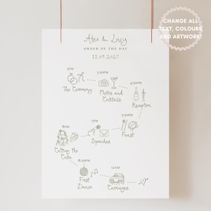 Wedding Timeline Template | Handwritten & Hand Drawn Doodle Illustrations, Bespoke Editable Order of Events Wedding Sign, Originals 001
