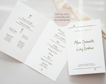 Wedding Program Template | Handwritten & Hand Drawn Illustrations Order of Service, Modern Bespoke Ceremony Editable Download, 001 Originals