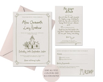 Custom Venue Sketch Wedding Invitation Suite Template Digital | Hand Drawn Handwritten Invite Abstract Venue Illustration, 001 Originals
