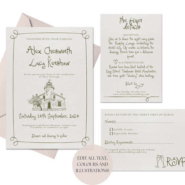Custom Venue Sketch Wedding Invitation Suite Template Digital | Hand Drawn Handwritten Invite Abstract Venue Illustration, 001 Originals