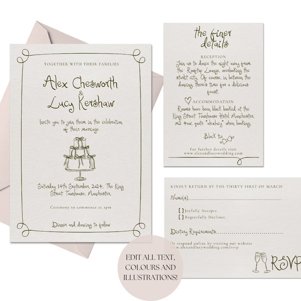 Wedding Invitation Suite Template | Handwritten & Hand Drawn Doodle Illustrations, Bespoke Whimsical Invite RSVP 3 Piece Set, 001 Originals