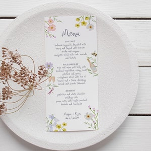 Wedding Menu Template | Handwritten Menu Card Painted Dainty Watercolor Wildflowers, Bespoke Boho Menu Editable Download, 002 Secret Garden