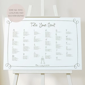 Wedding Seating Chart Alphabetical Template Handwritten & Hand Drawn Illustrations, Bespoke Editable Table Plan Sign, 001 Originals image 1