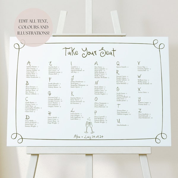 Wedding Seating Chart Alphabetical Template | Handwritten & Hand Drawn Illustrations, Bespoke Editable Table Plan Sign, 001 Originals