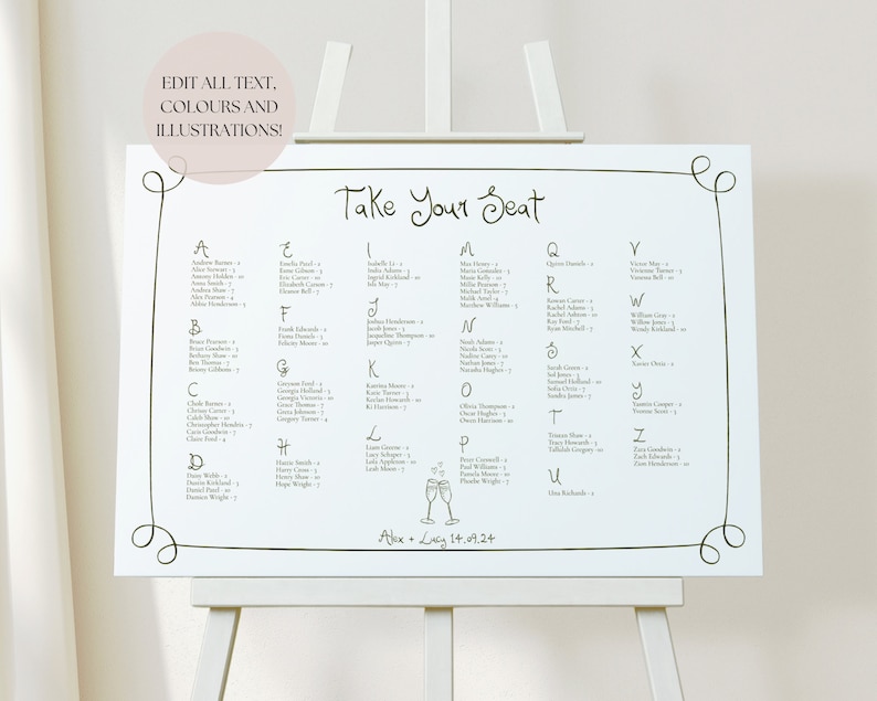 Wedding Seating Chart Alphabetical Template Handwritten & Hand Drawn Illustrations, Bespoke Editable Table Plan Sign, 001 Originals image 1