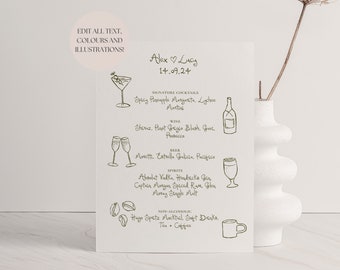 Wedding Bar Menu Template | Handwritten & Hand Drawn Doodle Illustrations, Trendy Bespoke Signature Drinks Sign Download, Originals 001