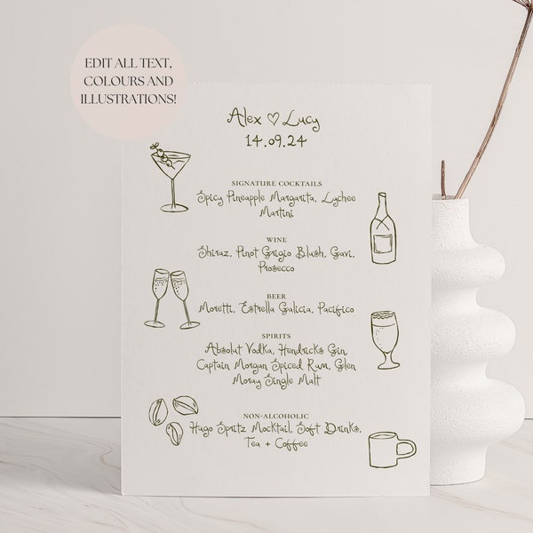 Wedding Bar Menu Template | Handwritten & Hand Drawn Doodle Illustrations, Trendy Bespoke Signature Drinks Sign Download, Originals 001