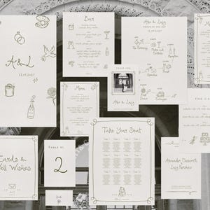 Hochzeitstag Bundle-Vorlagen | Handgeschriebene Briefpapier bearbeitbare Downloads mit handgezeichneten Illustrationen, maßgeschneiderte Menüs & Schilder, 001 Originale