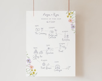 Modèle de chronologie de mariage | Signe illustré de l'ordre du jour de fleurs sauvages à l'aquarelle bohème, ordre manuscrit des événements, jardin secret 002