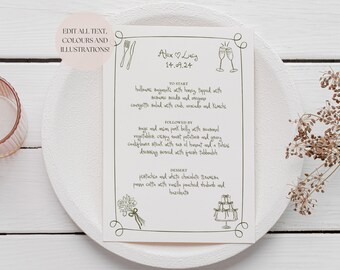 Wedding Menu Template | Handwritten & Hand Drawn Doodle Illustrations, Bespoke Vintage Colorful and Trendy Menu Design, 001 Originals