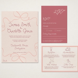Hochzeitseinladungs-Vorlage | Illustrierte Hochzeitseinladung bearbeitbarer Download, handgeschriebene Schrift, Retro Bow Doodles, 003 Be Mine