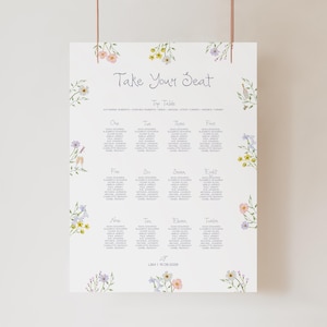 Sjabloon bruiloft zitplaatsen | Boho Wildflower-tafelplattegrond bewerkbaar, handgeschreven en geschilderd aquarel bord met tafelschikking, 002 Secret Garden
