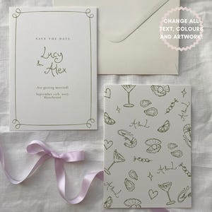 Save the Date Vorlage | Handgezeichnete Doodle-Illustrationen, doppelseitig, speichern Sie unsere Datumskarte Bearbeitbarer Download, Modern & Minimal, 001 Originale
