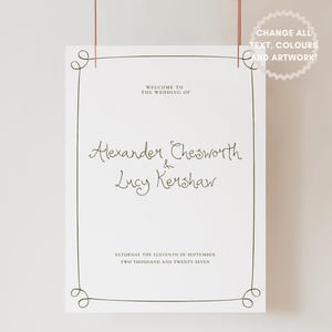 Hochzeit Willkommen Schild Vorlage | Handgeschriebene Schrift- und handgezeichnete Doodle-Illustrationen, maßgeschneiderte moderne minimale bearbeitbare Downloads, 001 Originale