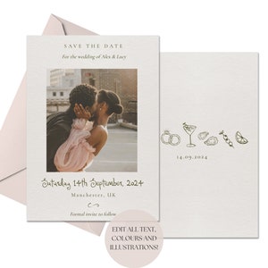 Photo Save the Date Template | Handwritten & Hand Drawn Illustrations, Bespoke Retro Photo Wedding Invite Editable Download, 001 Originals