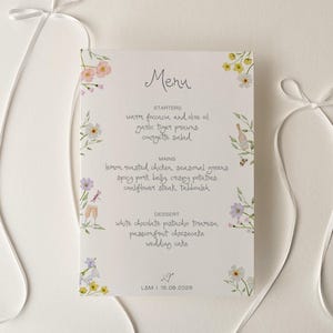 Menusjabloon | Handgeschreven bewerkbare menukaart geschilderde aquarel wilde bloemen, op maat gemaakt boho-sprookjeshuwelijksmenu, geheime tuin 002