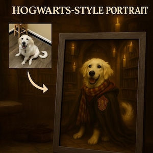 Può includere: Ritratto incorniciato di un cane golden retriever in stile Hogwarts. Il cane indossa una sciarpa e una veste. L'immagine include il testo "Turn Your Photo Into HOGWARTS-STYLE PORTRAIT". Una foto più piccola del cane si trova nell'angolo in alto a sinistra.
