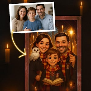 May include: A framed portrait of a family in a fantasy setting, with a photo of the family above it. The portrait features the family dressed in Hogwarts attire, with a snowy owl and candles.