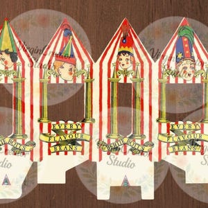 Puede incluir: Diseño de artesanía en papel de estilo vintage con un diseño de carpa de circo con rayas rojas y blancas. El diseño incluye ilustraciones de niños con sombreros, pilares dorados y pancartas que dicen "Every Flavour Beans" y "Bertie Botts".