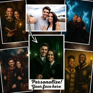 May include: A collage of photos featuring couples dressed in wizarding robes. The images include a selfie, a couple with a book and wand, and a couple with a train in the background. Text reads "Personalize! Your face here."