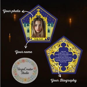 May include: A personalized pentagon-shaped card featuring a photo of Emily Smith, set against a blue backdrop with gold detailing. The card includes text and a floral logo for VirginCreator Studio.