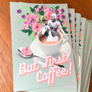 Postkarte A6 380 Gramm - But first Coffee - Kaffeeliebhaber - Coffee Lovers - Grüße - Karte - Postkarte - Collage - Frau - MIHO Studio